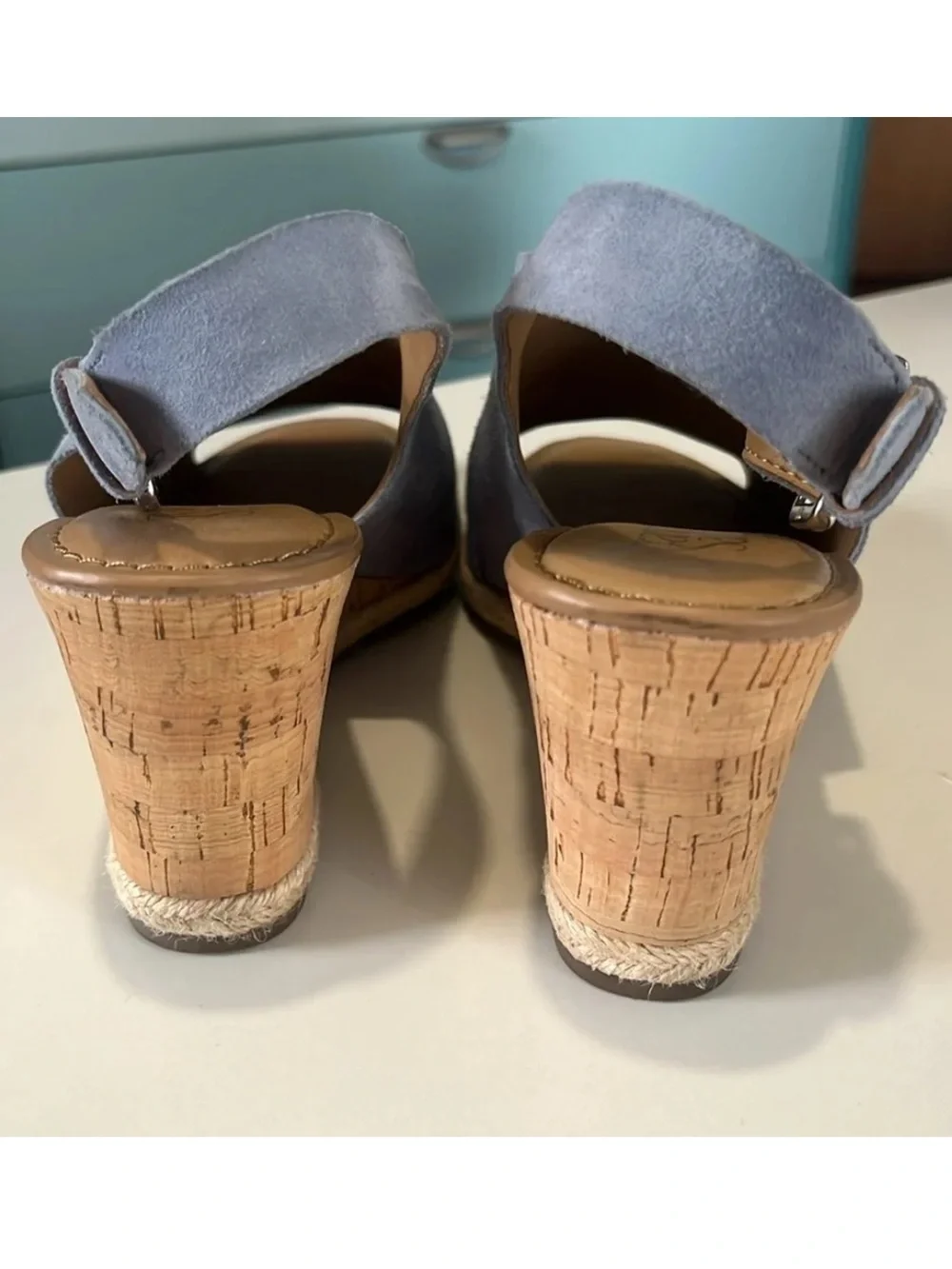 Franco Sarto Julien Women's Light Blue Suede 3” Cork Wedge Sandals size 6.5